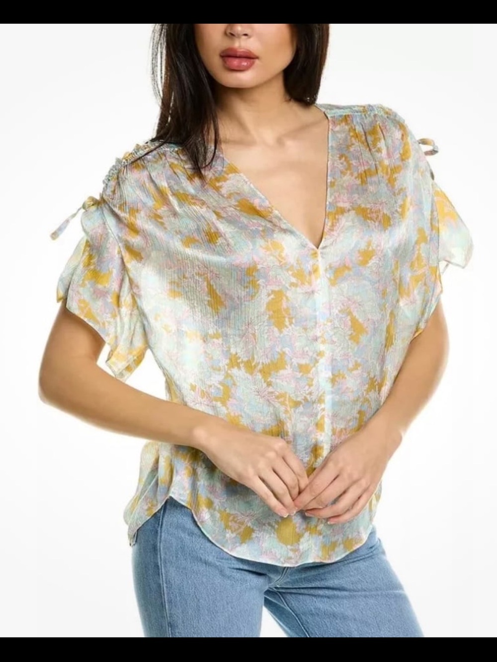 Vince 100% Silk Womens L Floral V-Neck Puff Sleeve Top -